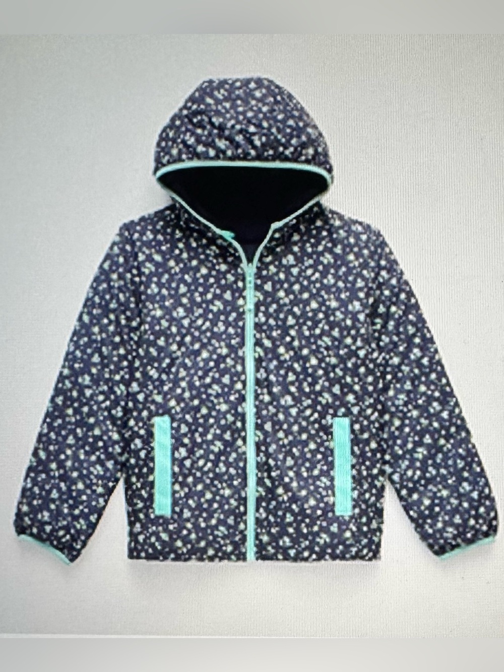 Reversible Kids Floral Hooded Puffer Jacket - Navy with Mint Trim, XL